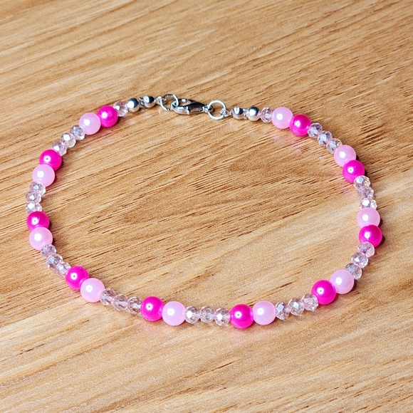Barbie Pink Pearls & Crystals Beaded Ankle Bracelet Handmade Anklet - Picture 3 of 3